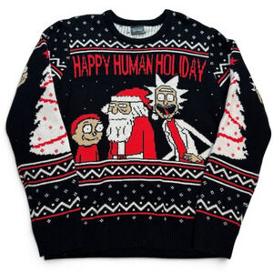 Rick and Morty Happy Human Holiday Ugly Christmas Sweater Mens Size M Black